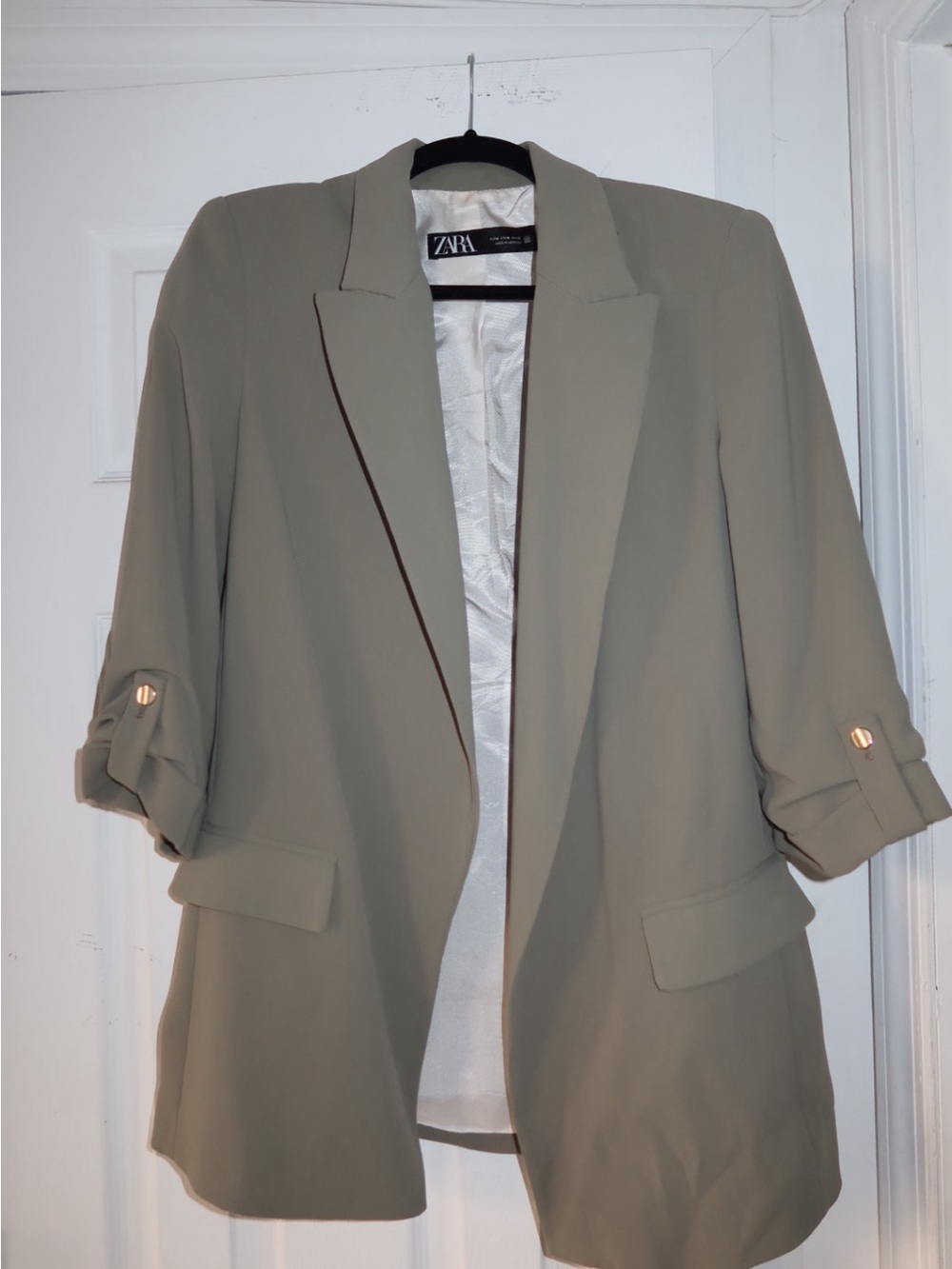 ZARA Olive Beige Open-Front Rolled-Sleeve Blazer